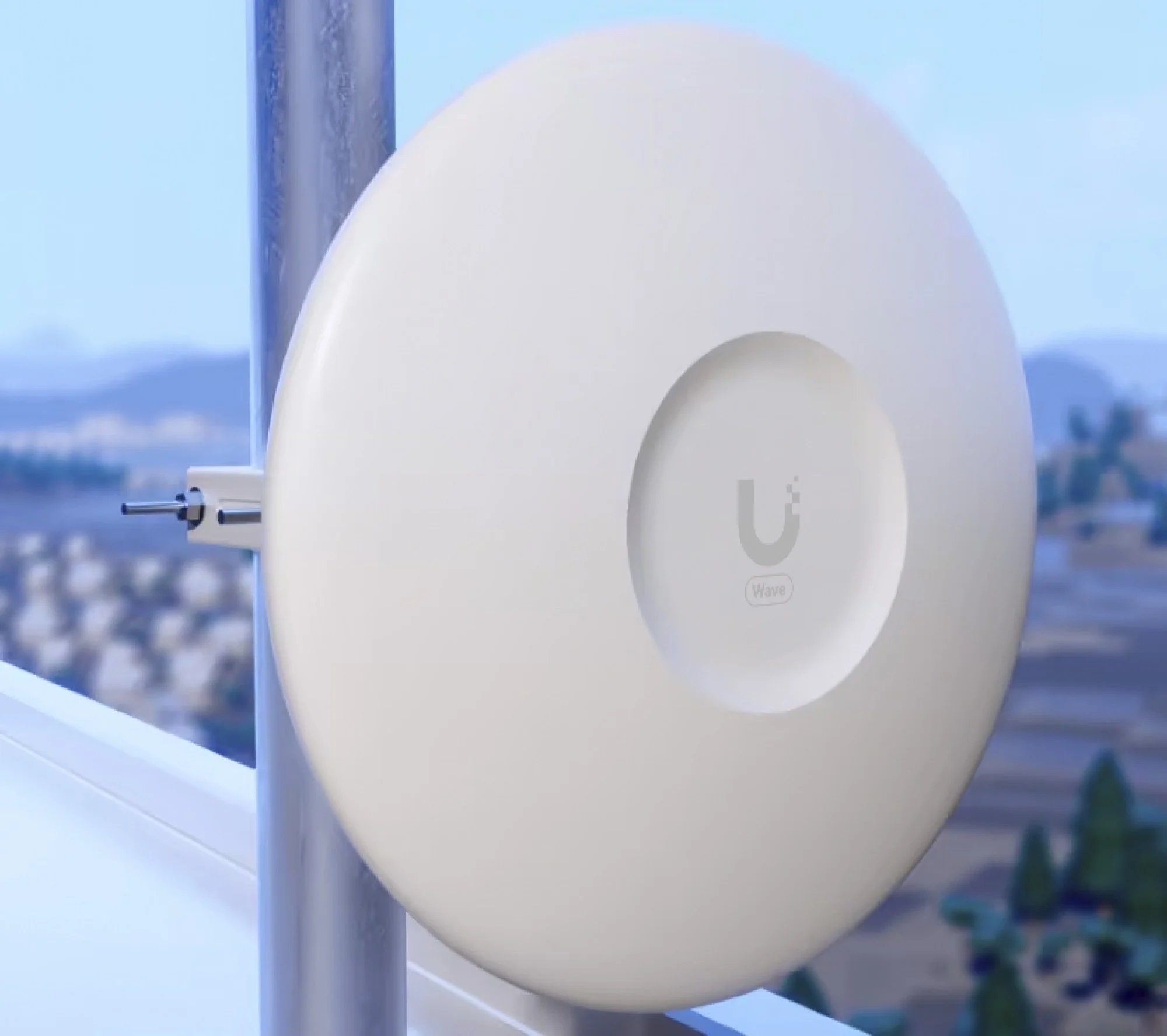 Point-to-point wireless bridge dish mounted on a pole for building-to-building connectivity