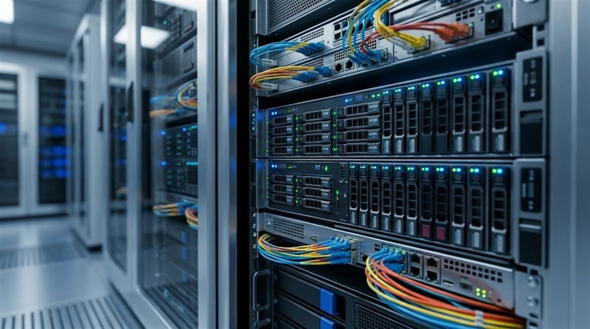 Network comms room with cabinets, structured cabling and Wi-Fi equipment